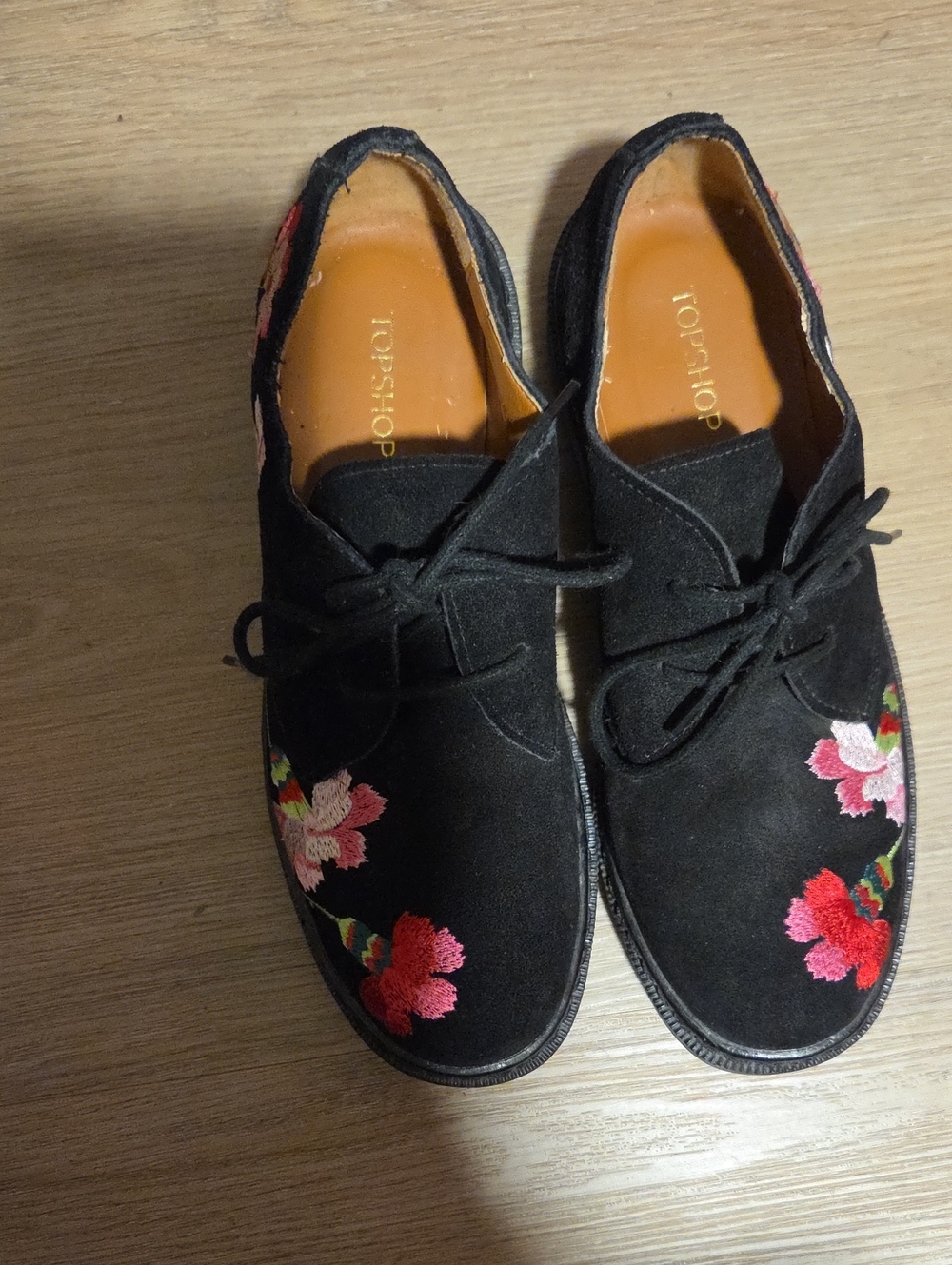 Topshop Black Suede Floral Embroidered Lace-Up Flats